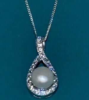 Genuine 10mm Pearl CZ Teardrop Necklace RJ 925 Sterling Silver 17”